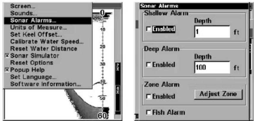 Screen... Sounds... Sonar Alarms... Units of Measure... Set Keel Offset... Calibrate Water Speed... Reset Water Distance Sonar Simulator Reset Options Popup Help Set Language... Software Information... Shallow Alarm Enabled Depth 1 ft Deep Alarm Enabled Depth 100 ft Zone Alarm Enabled Adjust Zone Fi…