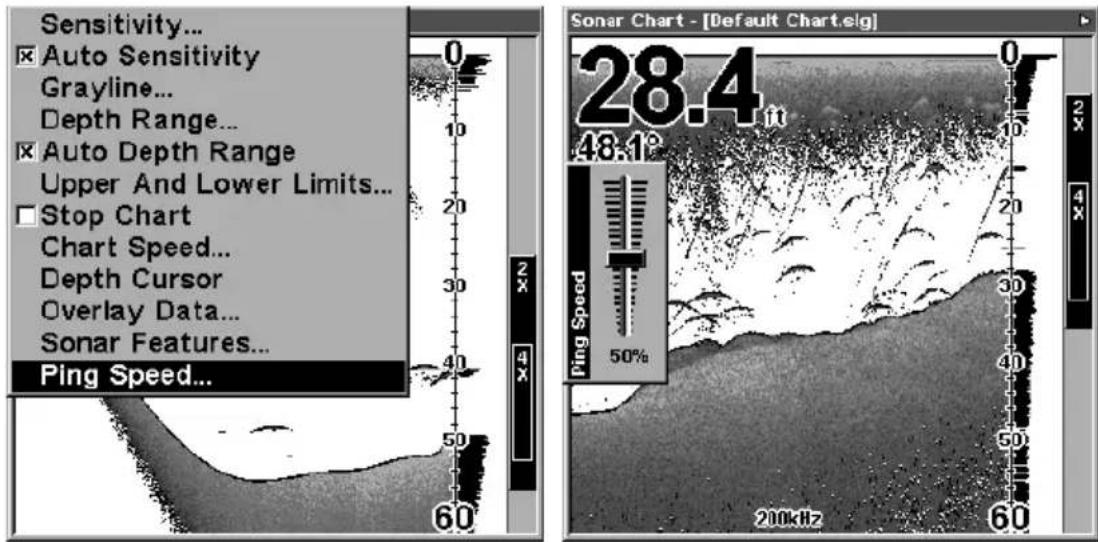 Sensitivity... Auto Sensitivity Grayline... Depth Range... Auto Depth Range Upper And Lower Limits... Stop Chart Chart Speed... Depth Cursor Overlay Data... Sonar Features... Ping Speed... Sonar Chart - [Default Chart.elg] 28.4 48.1° 50% Ping Speed 50% 200kHz 60