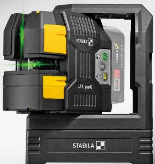Close-up of a black STABILA device with yellow and black components, labeled 'LAX 500G' and 'STABILA', showing no readable text beyond branding.