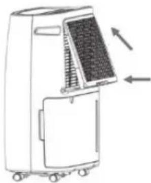 Line drawing of a portable air conditioner unit with airflow arrows indicating movement (no text or symbols)