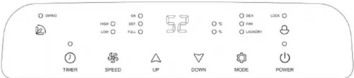 SWING HIGH DEF. 52 °C DEH LOOK LOW FULL % LAUNDRY TIMER SPEED UP DOWN MODE POWER