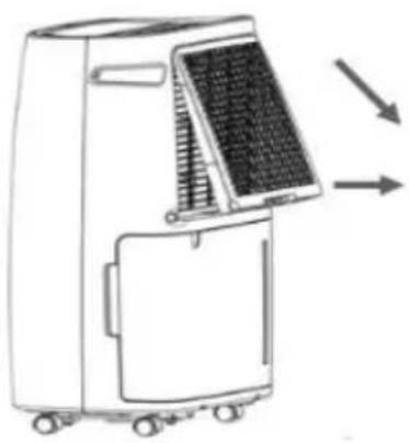 Line drawing of a portable air conditioner unit with cooling fan and ventilation slots, no text or symbols.