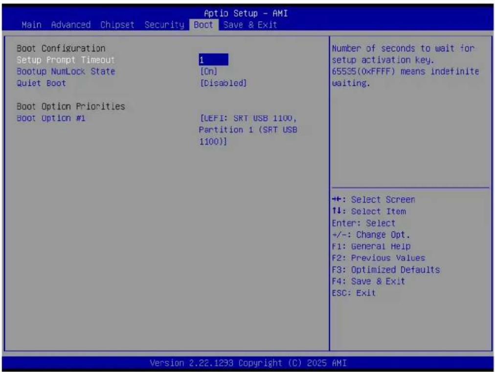 Aptio Setup - AMI Main Advanced Chipset Security Boot Save & Exit Boot Configuration Setup Prompt Timeout Bootup NumLock State Quiet Boot 1 [On] [Disabled] Boot Option Priorities Boot Option #1 [UEFI: SRT USB 1100, Partition 1 (SRT USB 1100)] Number of seconds to wait for setup activation key. 65535…