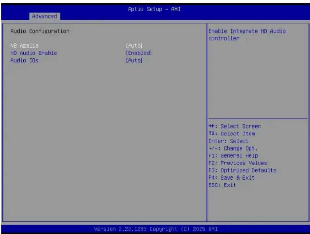 Advanced Audio Configuration NB Azalia [Auto] HD Audio Enable [Enabled] Audio IOs [Auto] Enable Integrate HD Audio controller +: Select Screen ↑↓: Select Item Enter: Select +/-: Change Opt. F1: General Help F2: Previous Values F3: Optimized Defaults F4: Save & Exit ESC: Exit Version 2.22.1233 Copyri…