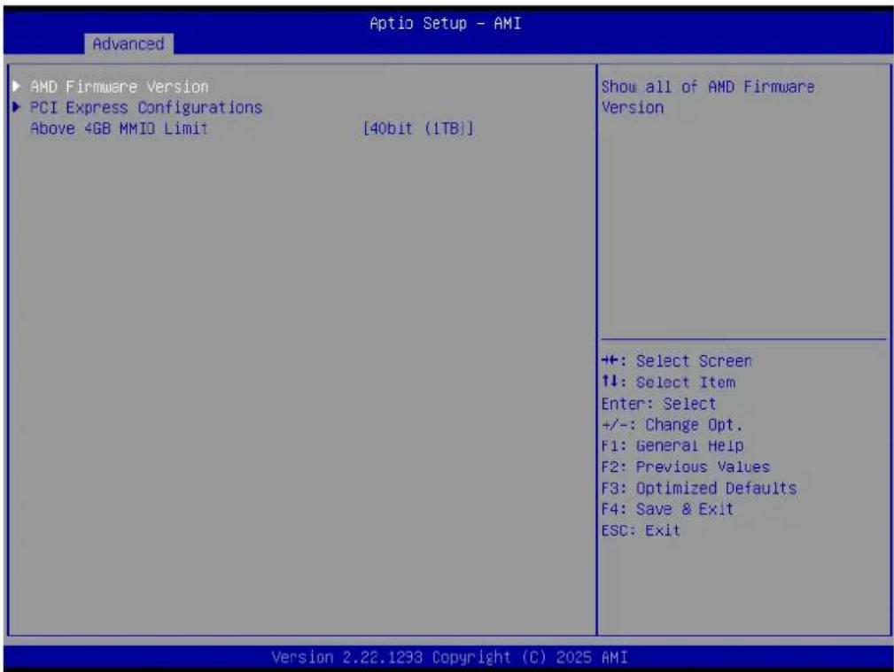 Advanced ▶ AMD Firmware Version ▶ PCI Express Configurations Above 4GB MMID Limit [40bit (1TB)] Show all of AMD Firmware Version +: Select Screen ↑↓: Select Item Enter: Select +/-: Change Opt. F1: General Help F2: Previous Values F3: Optimized Defaults F4: Save & Exit ESC: Exit Version 2.22.1233 Cop…