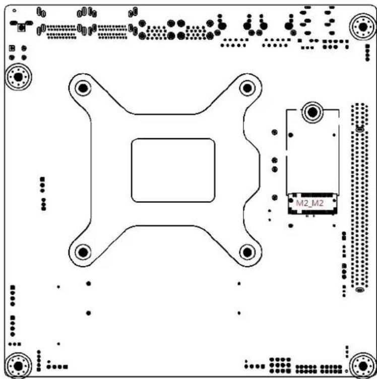 Technical diagram of a microchip layout with mounting holes and internal components (no text or symbols)