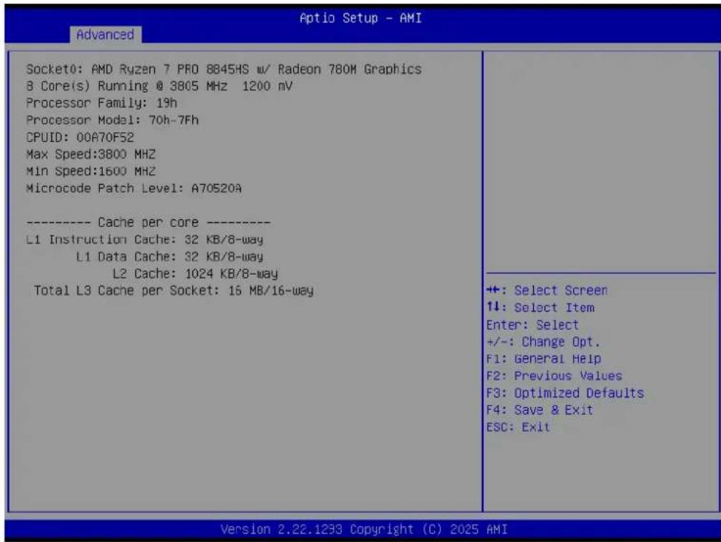 Advanced Socket0: AMD Ryzen 7 PRO 8845HS w/ Radeon 780M Graphics B Core(s) Running @ 3805 MHz 1200 mV Processor Family: 19h Processor Model: 70h-7Fh CPUID: 00A70F52 Max Speed:3800 MHz Min Speed:1600 MHz Microcode Patch Level: A70520A ----- Cache per core ---- L1 Instruction Cache: 32 KB/8-way L1 Dat…