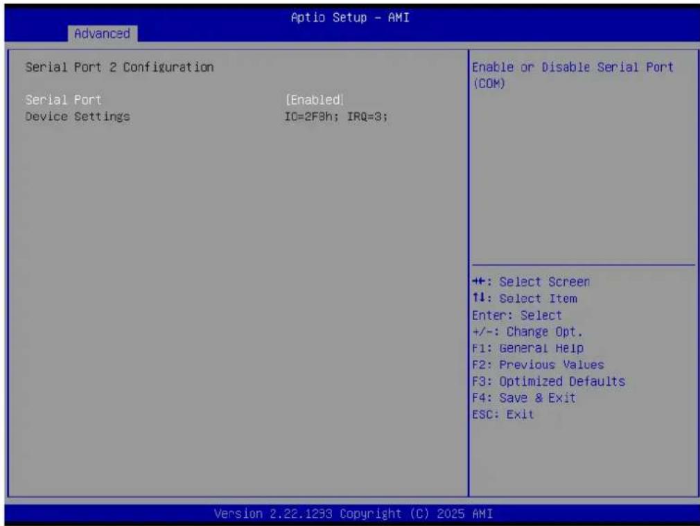 Advanced Aptio Setup - AMI Serial Port 2 Configuration Serial Port [Enabled] Device Settings IC=2F3h; IRQ=3; Enable or Disable Serial Port (COM) +: Select Screen ↑↓: Select Item Enter: Select +/-: Change Opt. F1: General Help F2: Previous Values F3: Optimized Defaults F4: Save & Exit ESC: Exit Versi…