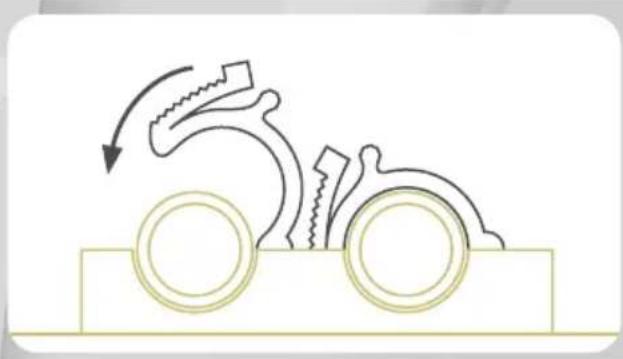 Diagram of a mechanical device with gears and a sliding mechanism, showing motion direction (no text or symbols)