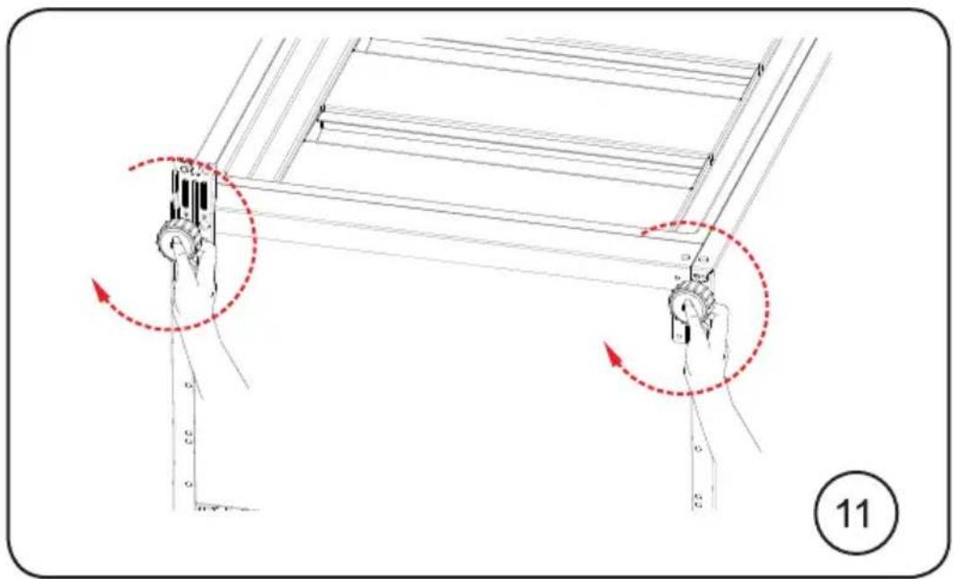 Technical diagram showing mechanical assembly with labeled components and red dashed arrows indicating motion or movement paths.