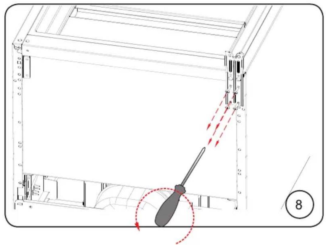 Technical diagram of a mechanical assembly with a screwdriver inserted, showing motion arrows and a numbered circle (8) in the corner.