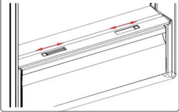Technical line drawing of a door handle with red directional arrows indicating movement or force (no text or symbols)