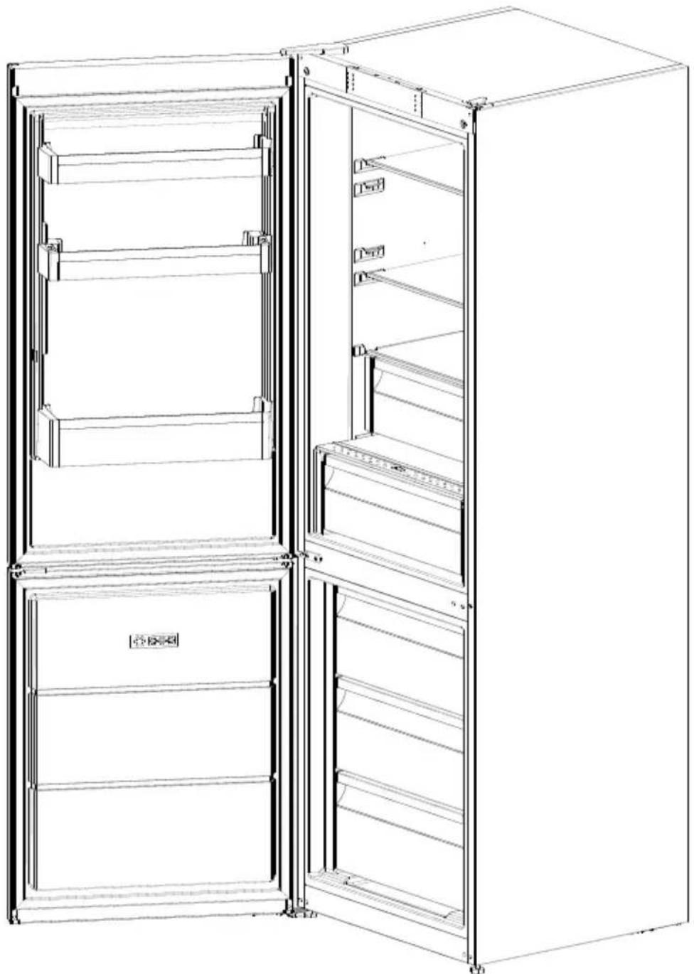 Line drawing of a double refrigerator with open doors and shelves (no text or symbols).