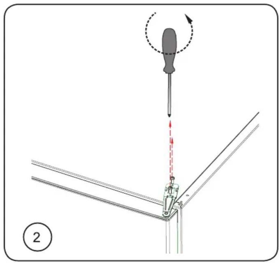 Diagram showing a screwdriver inserted into a bracket with red dashed arrows indicating direction, labeled with number 2.