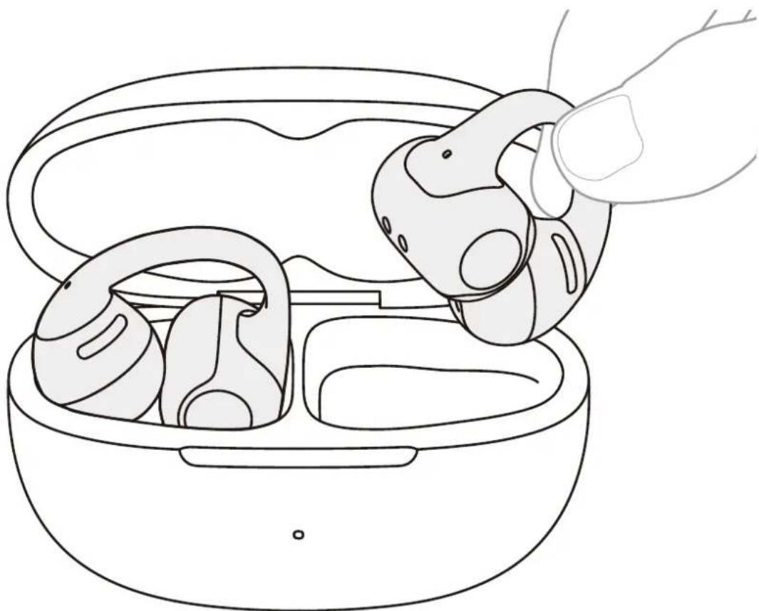 Line drawing of a hand inserting a device into an open earbuds (no text or symbols)