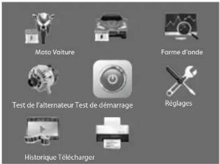 Moto Voiture Forme d'onde Test de l'alternateur Test de démarrage Réglages Historique Télécharger