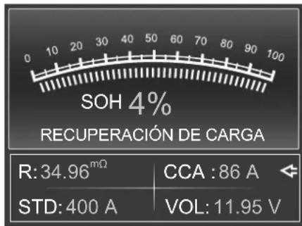 SOH 4% RECUPERACIÓN DE CARGA R: 34.96 mΩ CCA : 86 A STD: 400 A VOL: 11.95 V
