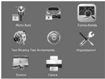 Moto Auto Forma d'onda Test Ricarica Test Avviamento Impostazioni Storico Carica