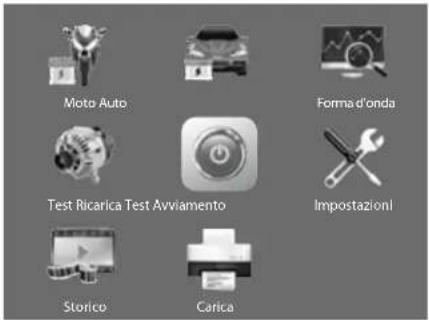 Moto Auto Forma d'onda Test Ricarica Test Avviamento Impostazioni Storico Carica