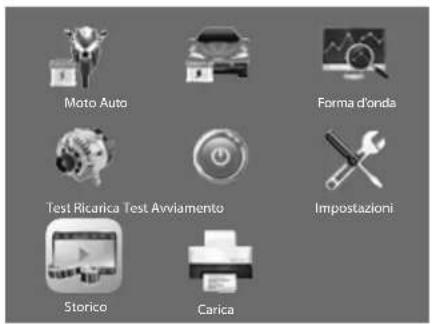 Moto Auto Forma d'onda Test Ricarica Test Avviamento Impostazioni Storico Carica