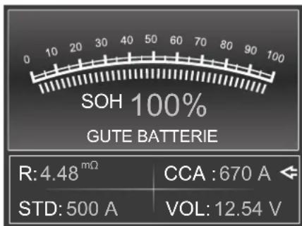 SOH 100% GUTE BATTERIE R: 4.48 mΩ CCA : 670 A STD: 500 A VOL: 12.54 V