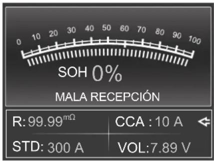 SOH 0% MALA RECEPCIÓN R: 99.99mΩ CCA : 10 A STD: 300 A VOL: 7.89 V