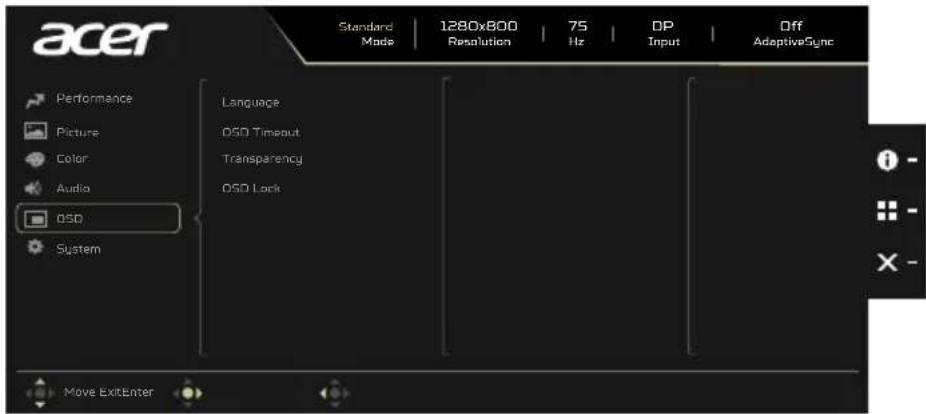 Acer Standard Mode 1280x800 Resolution 75 Hz DP Input Off AdaptiveSync Performance Picture Color Audio OSD System Language OSD Timeout Transparency OSD Lock Move Exit Enter