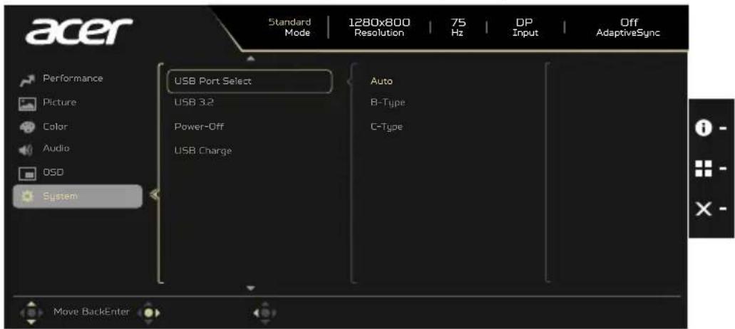 Acer Standard Mode | 1280x800 Resolution | 75 Hz | DP Input | Off AdaptiveSync Performance Picture Color Audio OSD System USB Port Select USB 3.2 Power-Off USB Charge Auto B-Type C-Type i - X -