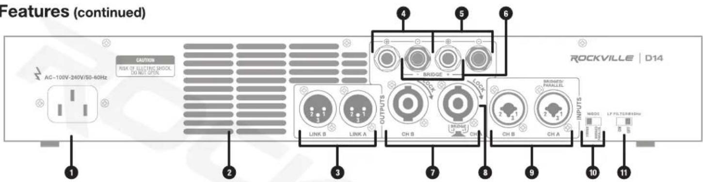 Features (continued) CAUTION RISK OF ELECTRIC SHOCK DO NOT OPEN AC-100V-240V/50-60Hz 1 2 3 4 5 6 BRIDGE LOCK LINK B LINK A OUTPUTS CH B BRIDGE CH A CH B CH A BRIDAFY/PARALLEL INPUTS MODE LF FILTER@40Hz B D14 ROCKVILLE | D14