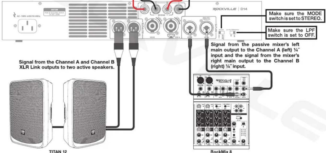 AC-100V-040V/10-05Hz RISK OF ELECTRIC SMOKE DO NOT OPEN TITAN 12 ROCKVILLE | D14 PRODUCE BRIDGE OUTPUTS CHA IMPULSE LPFILTERMETHU Make sure the MODE switch is set to STEREO. Make sure the LPF switch is set to OFF. Signal from the Channel A and Channel B XLR Link outputs to two active speakers. RockM…