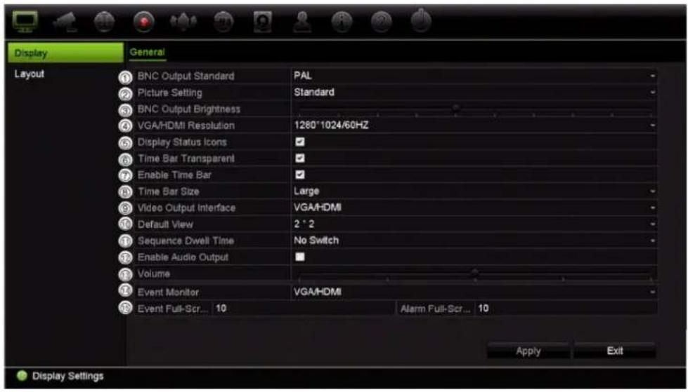 Display General Layout ① BNC Output Standard PAL ② Picture Setting Standard ③ BNC Output Brightness ④ VGA/HDMI Resolution 1280*1024/60HZ ⑤ Display Status Icons ✓ ⑥ Time Bar Transparent ✓ ⑦ Enable Time Bar ✓ ⑧ Time Bar Size Large ⑨ Video Output Interface VGA/HDMI ⑩ Default View 2 * 2 ⑪ Sequence Dwell…