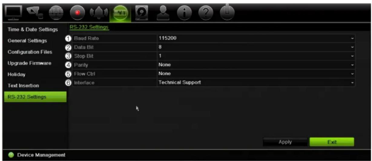 Time & Date Settings RS-232 Settings General Settings 1 Baud Rate 115200 2 Data Bit 8 3 Stop Bit 1 4 Parity None Holiday Flow Ctrl None 6 Interface Technical Support Text Insertion RS-232 Settings Apply Exit Device Management