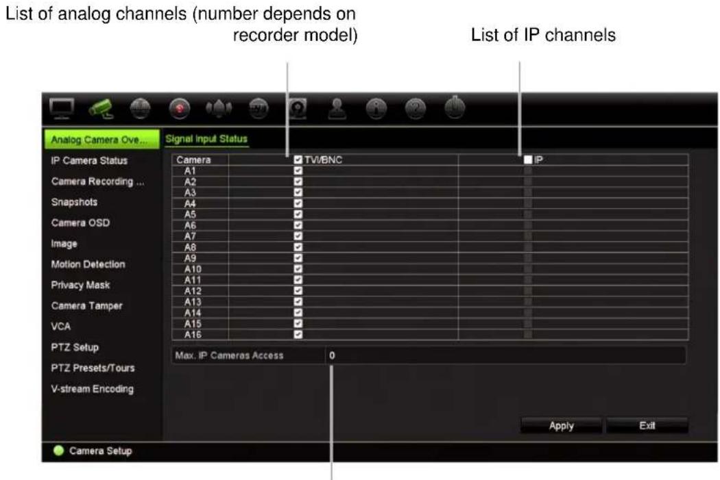 List of analog channels (number depends on recorder model) List of IP channels Analog Camera Ove... Signal Input Status IP Camera Status Camera A1 A2 A3 A4 A5 A6 A7 A8 A9 A10 A11 A12 A13 A14 A15 A16 Max. IP Cameras Access 0 PTZ Presets/Tours V-stream Encoding Apply Exit Camera Setup