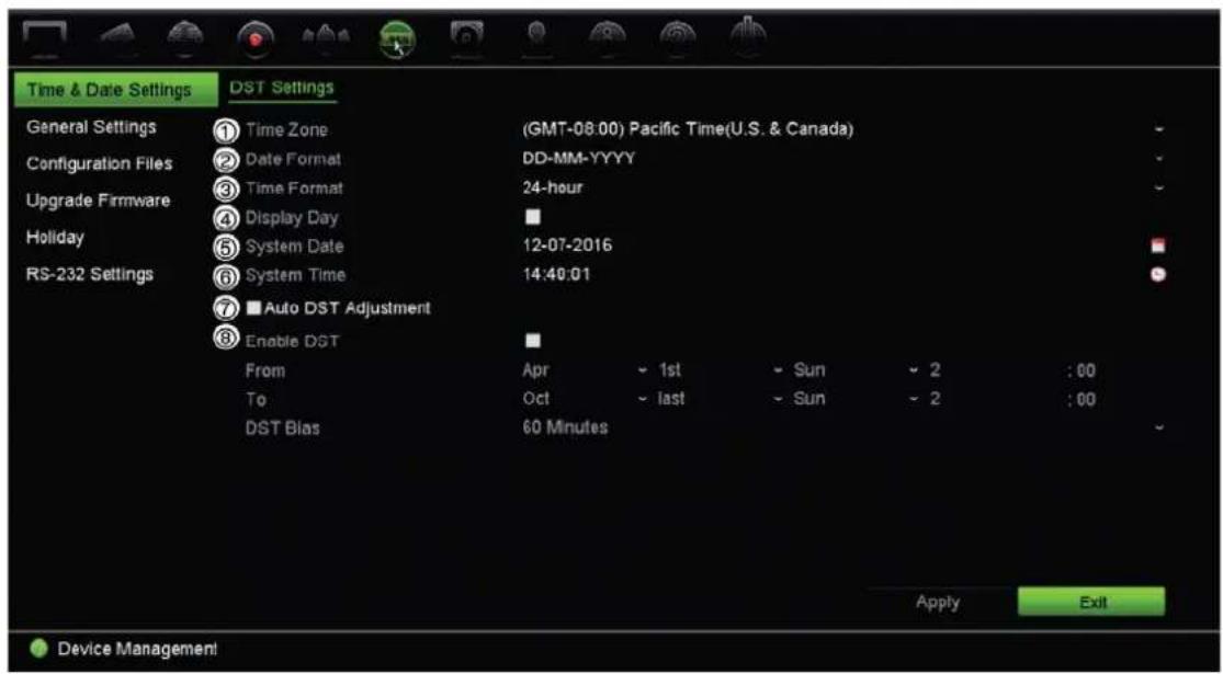 Time & Date Settings DST Settings General Settings ① Time Zone (GMT-08:00) Pacific Time(U.S. & Canada) Configuration Files ② Date Format DD-MM-YYYY ③ Time Format 24-hour Upgrade Firmware ④ Display Day Holiday ⑤ System Date 12-07-2016 RS-232 Settings ⑥ System Time 14:40:01 ⑦ Auto DST Adjustment ⑧ Ena…