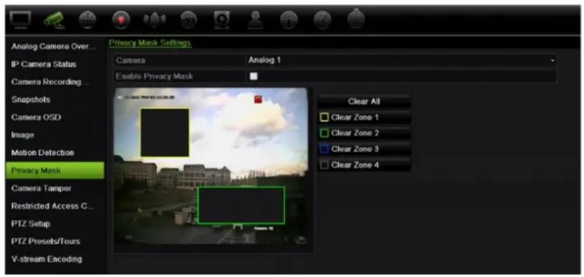Analog Camera Over... IP Camera Status Camera Recording ... Snapshots Camera OSD Image Motion Detection Privacy Mask Camera Tamper Restricted Access C... PTZ Setup PTZ Presets/Tours V-stream Encoding Privacy Mask Settings Camera Analog 1 Enable Privacy Mask Clear All Clear Zone 1 Clear Zone 2 Clear…