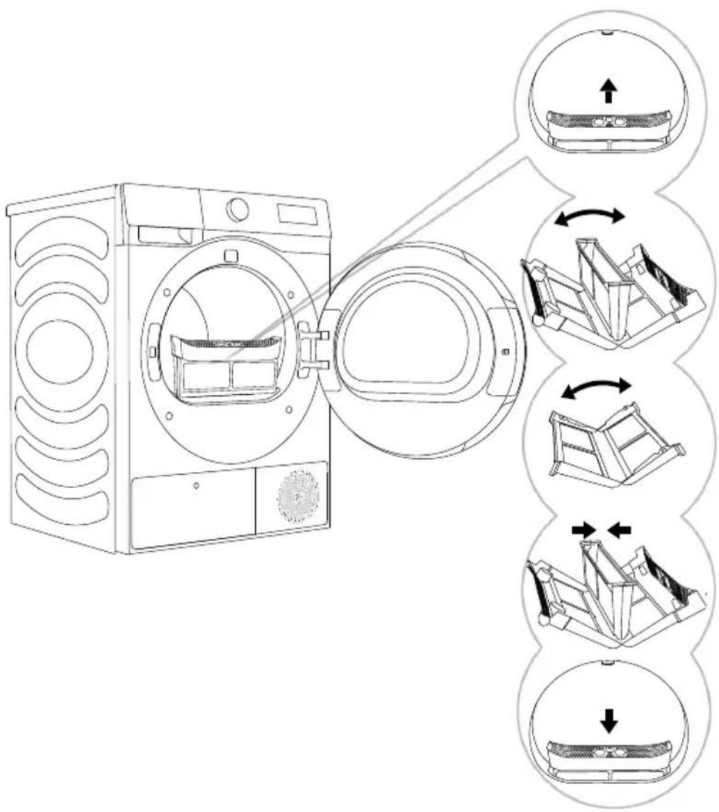Diagram illustrating the process of washing machine operation, showing steps from fan opening to backwash with corresponding mechanical diagrams.