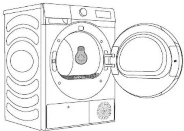 Line drawing of a washing machine with a lid open, showing internal components and ventilation slots (no text or symbols)