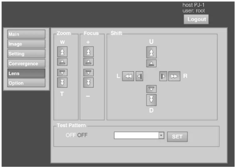 Host PJ-1 User: root Logout Main Image Setting Convergence Lens Option Zoom Focus Shift W + - U L R D Test Pattern OFF OFF SET