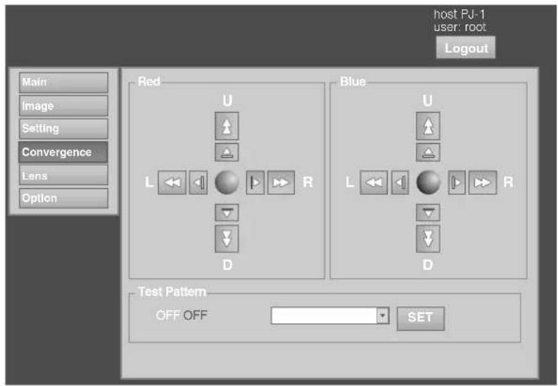 Host PJ-1 User: root Logout Main Image Setting Convergence Lens Option Red U L R D Blue U L R D Test Pattern OFF OFF SET