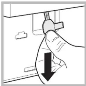 Hand holding a switch lever with a black downward arrow indicating force or direction (no text or symbols)