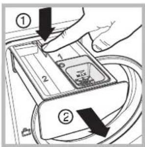 Diagram showing hand positioning a device with numbered parts and directional arrows indicating movement or assembly.