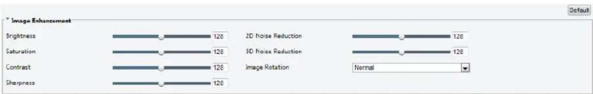 Image Enhancement Brightness 128 2D Noise Reduction 126 Saturation 128 3D Noise Reduction 126 Contrast 128 Image Rotation Normal Sharpness 128