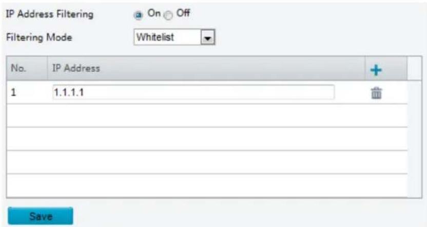 IP Address Filtering On Off Filtering Mode Whitelist No. IP Address 1 1.1.1.1 Save