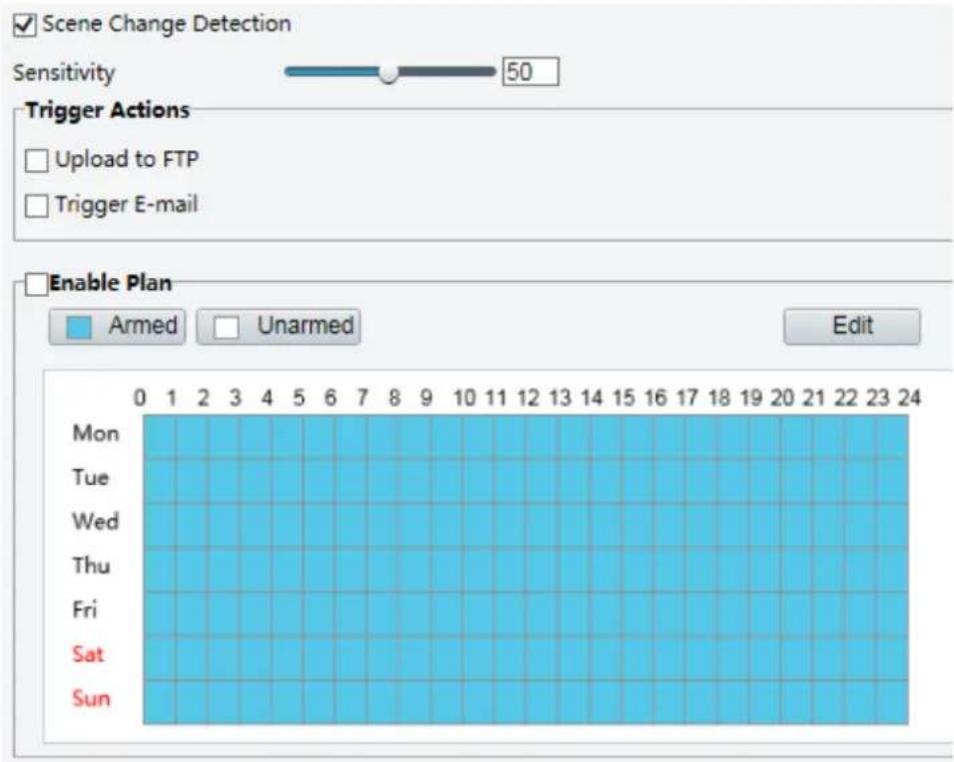 Scene Change Detection Sensitivity 50 Trigger Actions Upload to FTP Trigger E-mail Enable Plan Armed Unarmed Edit Mon Tue Wed Thu Fri Sat Sun