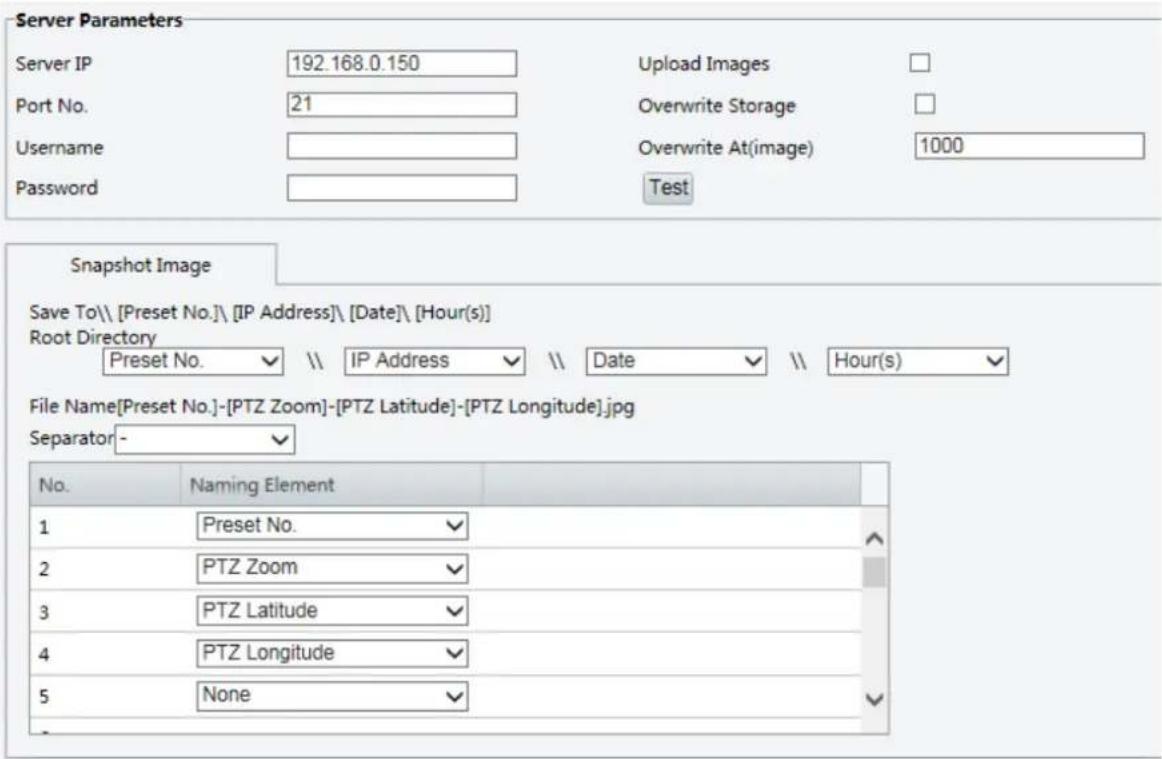 Server Parameters Server IP 192.168.0.150 Upload Images Port No. 21 Overwrite Storage Username Overwrite At(image) 1000 Password Test Snapshot Image Save To\ [Preset No.]\ [IP Address]\ [Date]\ [Hour(s)] Root Directory Preset No. ✓ \ IP Address ✓ \ Date ✓ \ Hour(s) ✓ File Name[Preset No.]-[PTZ Zoom]…