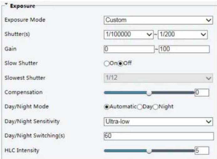 Exposure Exposure Mode Custom Shutter(s) 1/100000 ~ 1/200 Gain 0 ~100 Slow Shutter ○On●Off Slowest Shutter 1/12 Compensation 0 Day/Night Mode ●Automatic○Day○Night Day/Night Sensitivity Ultra-low Day/Night Switching(s) 60 HLC Intensity 5