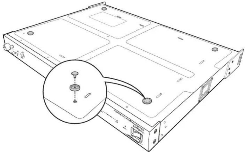 Technical diagram of a server rack with labeled components and an inset showing a close-up of the component's insertion.