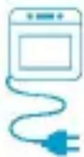 Simple line drawing of a washing machine with a blue cord and power plug (no text or symbols)