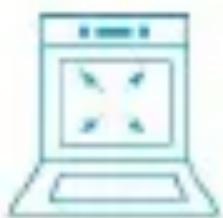 Simple line drawing of a laptop with four square buttons on the screen (no text or symbols)