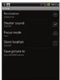 Resolution 250x190 Shutter sound Default Focus mode Store location Default Save picture to save/250x190/Camera